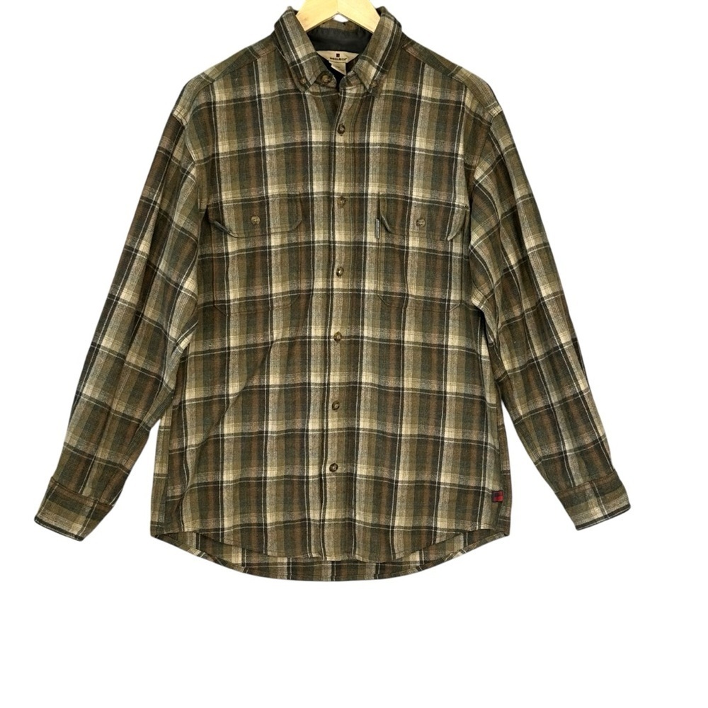 Woolrich Shirt Mens Medium Green olive Flannel Wool Plaid Pockets Button